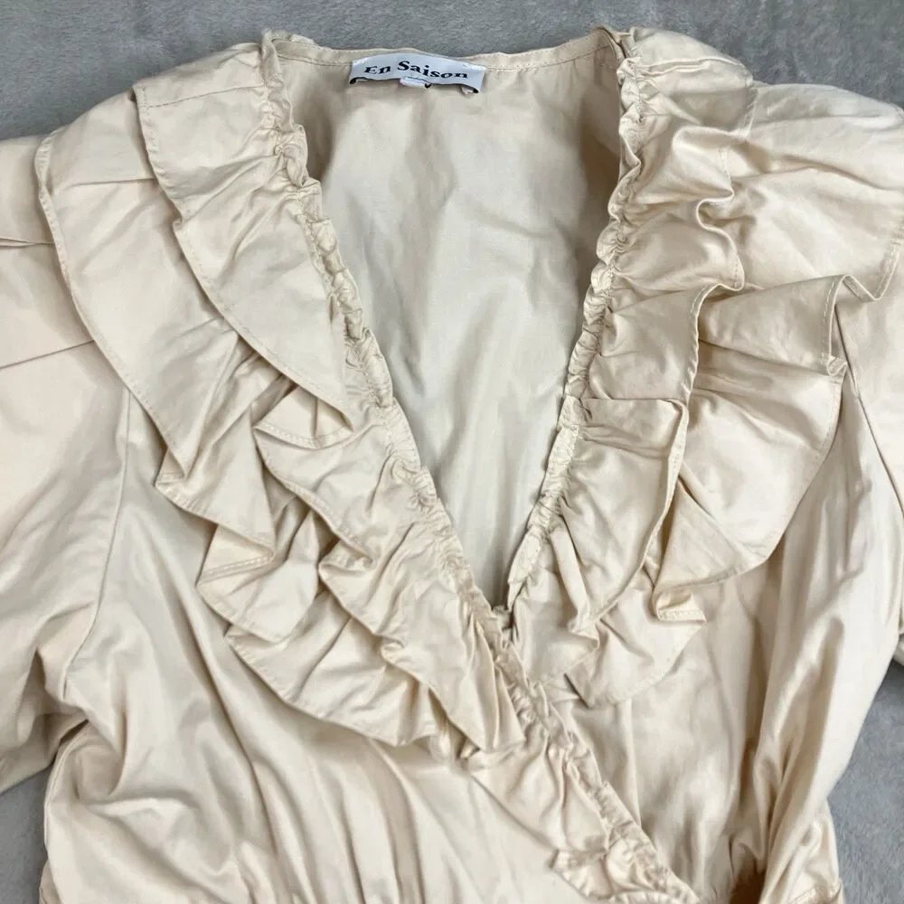 En Saison Dress Womens M Cream Cotton Wrap Ruffle Puff Sleeve Tiered Cottagecore